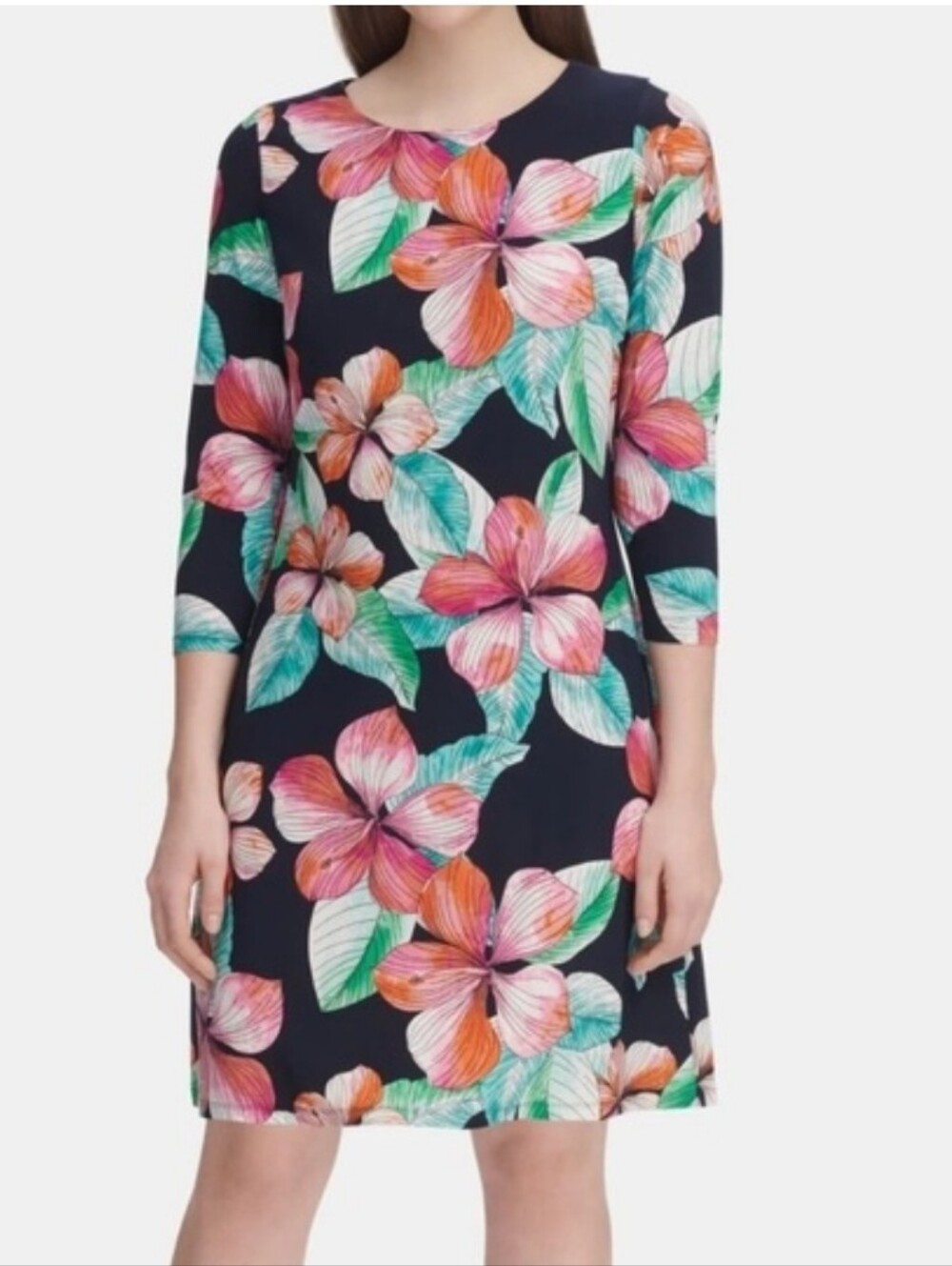 Tommy Hilfiger Womens Navy Blue Pink Floral 3/4 Sleeve Sheath Dress NWT Size 12